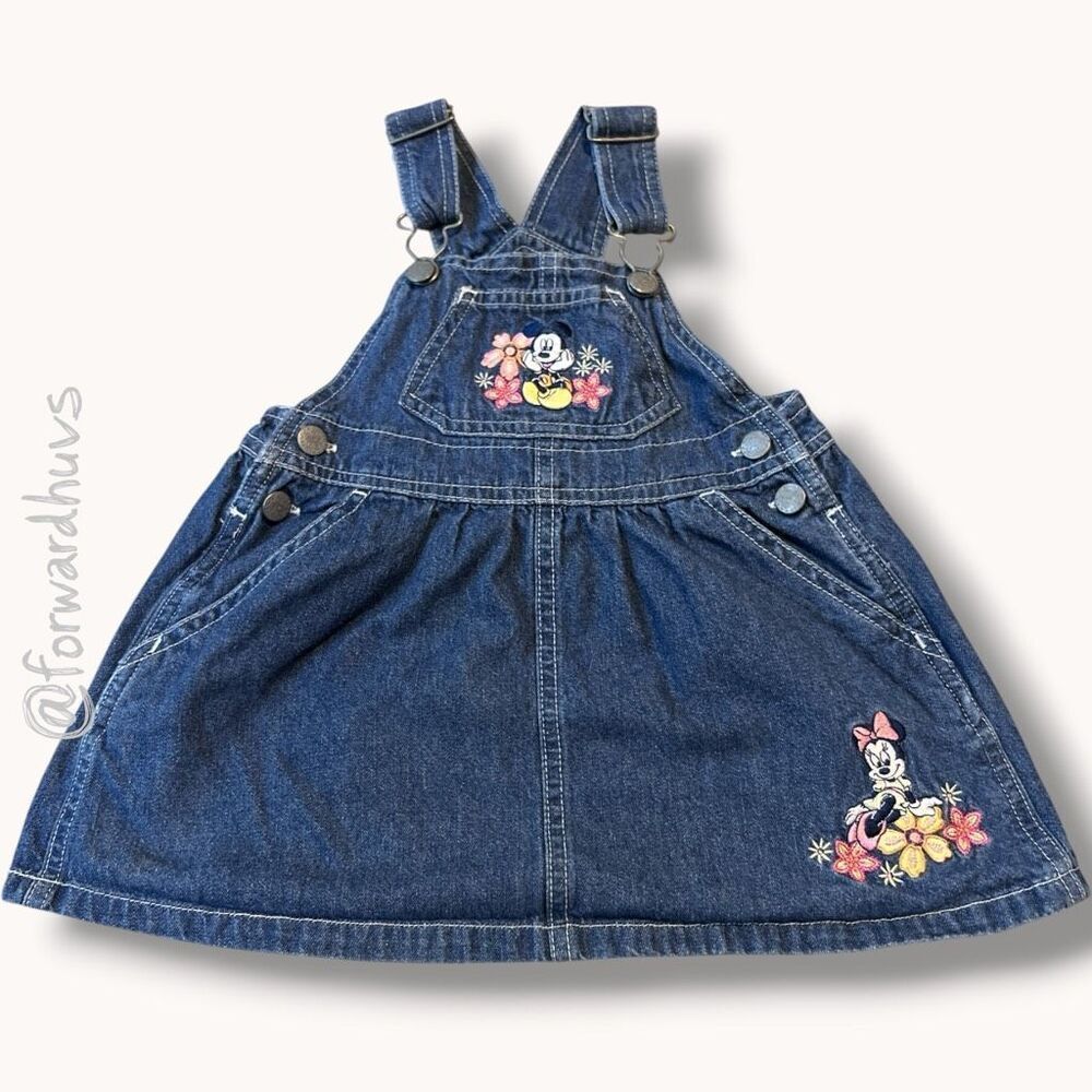 Vintage Disney Denim Jumper Dress – Mickey & Minnie Embroidery – Size 2T